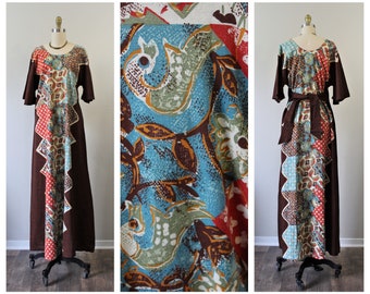 Vintage 70's TWO POTATO Laguna Beach Bohemian Patchwork Cotton Kimono Caftan Maxi Sun Dress Bell Sleeve