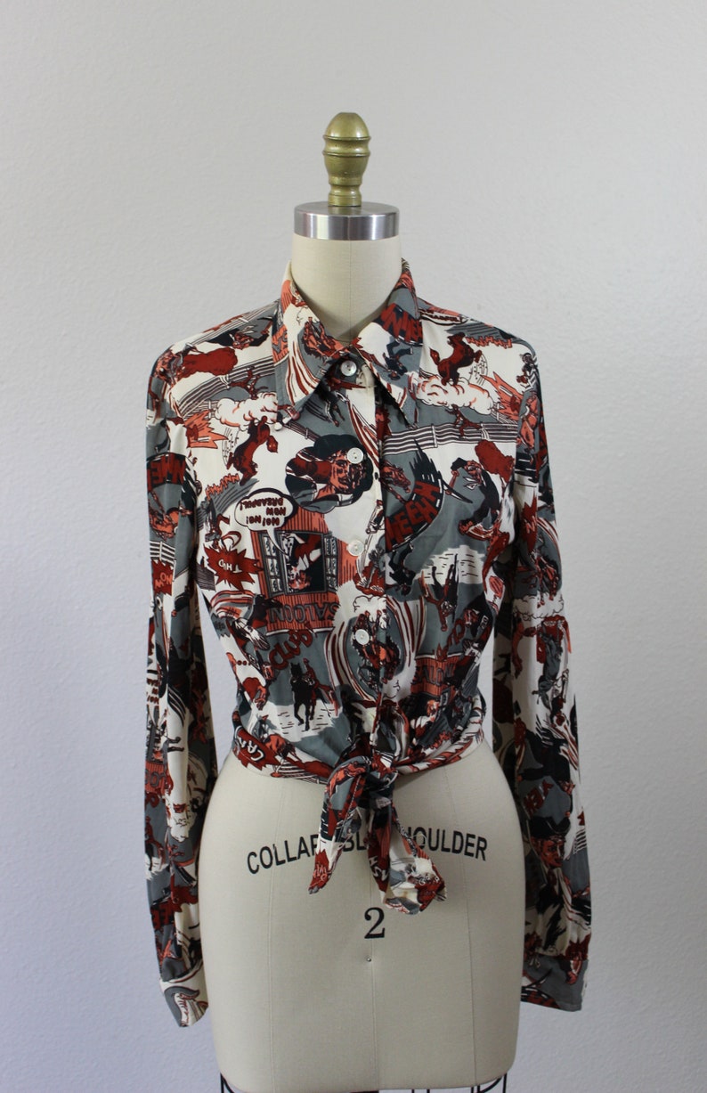 Vintage 1970s 70s One of a Kind Photo Fabric I/'ll Marry You comic cowboy wild west Top Shirt blouse boho Byer California 0 2 4 6 xs s