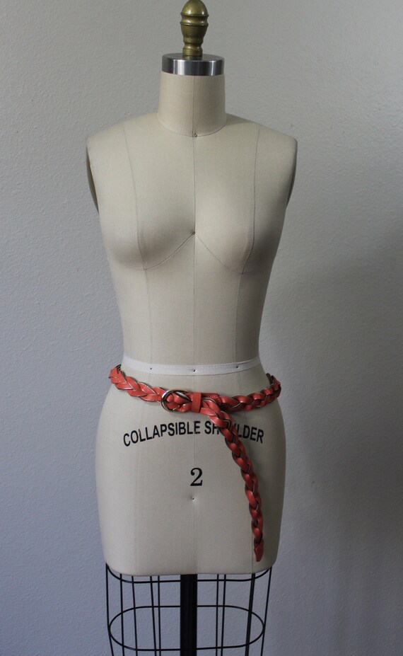 Vintage 1970s 70s Tangerine coral gold Braided Le… - image 4