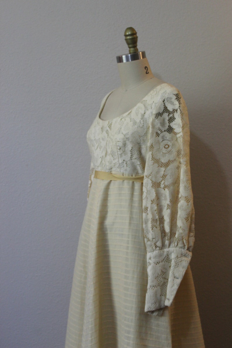 Vintage 60s 1970s Princess Kaiulani Butter Cream Lace Victorian Maxi Dress puff sleeve rare label Hawaiian Wedding // US 4 6 small image 7