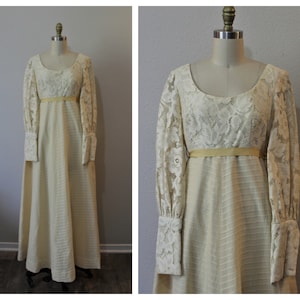 Vintage 60s 1970s Princess Kaiulani Butter Cream Lace Victorian Maxi Dress puff sleeve rare label Hawaiian Wedding // US 4 6 small image 1