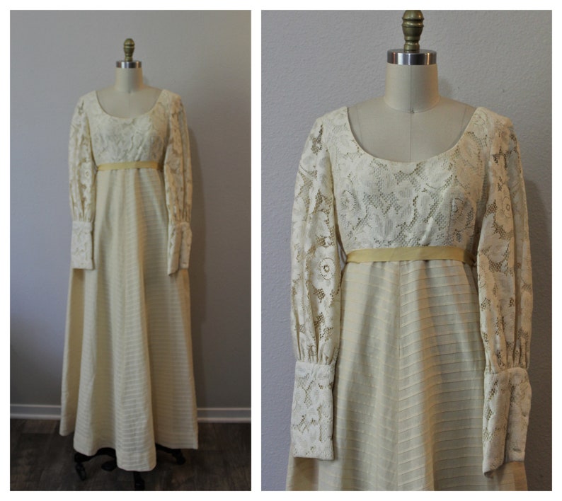 Vintage 60s 1970s Princess Kaiulani Butter Cream Lace Victorian Maxi Dress puff sleeve rare label Hawaiian Wedding // US 4 6 small image 1