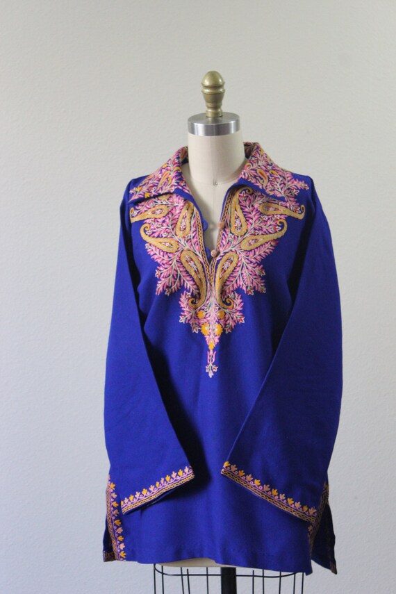Vintage 1960s 70s Bohemian indigo blue wool pink … - image 6