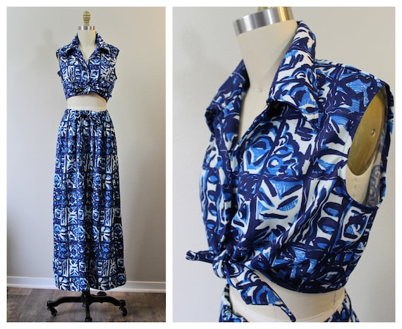 Vintage 60/'s Alice of California Patchwork Caftan Maxi Dress Pony unicorn barkcloth hawaiian modern small medium US 4 6