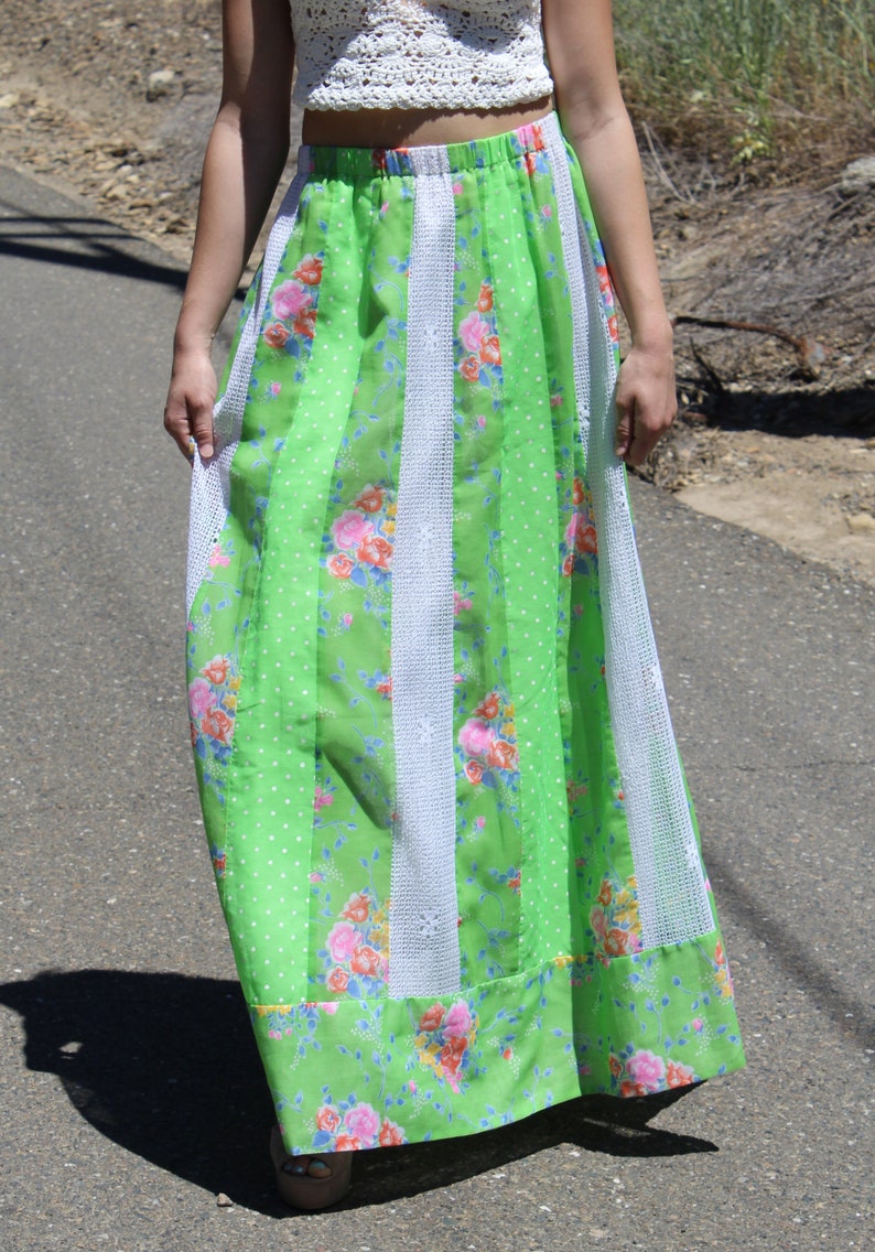 Vintage 60/'s 70/'s Chessa Davis lime green patchwork lace Bohemian Hippie Boho Folk Maxi dress skirt one size fits many