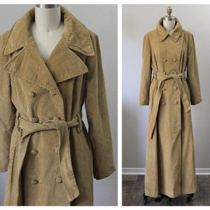 Vintage 60&#39;s 70&#39;s Hippie Boho corduroy Velvet Ribbed Textured Full Length Maxi Belted Trench Coat Bohemian // Modern 4 6 Small