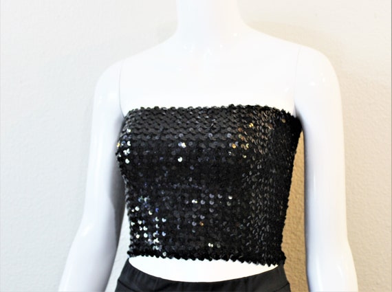 Vintage 1970s 70s Black Sequin sequinned Tube Top… - image 1