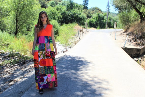 Vintage 60/'s Alice of California Patchwork Caftan Maxi Dress Pony unicorn barkcloth hawaiian modern small medium US 4 6