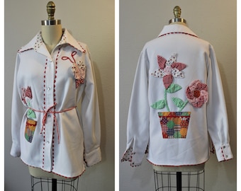 Vintage 60's 70's Patchwork Butterfly Flower Pot Strawberries pinwheel Boho Bohemian Blouse Top Novelty Shirt  / Modern US 6 8