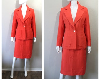 Vintage 60s 70s Lilli Ann Orange Red Textured Poly Knit Jacket Skirt Dress Suit Set // Modern 8 10 medium lg