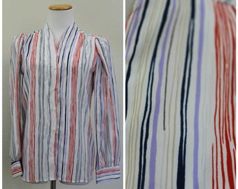 Vintage 60's 70's Sheer Polyester Striped Boho Bohemian Blouse Top / XS to Small