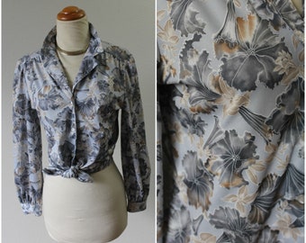 Vintage 60's 70's RHODES CALIFORNIA Gray Morning Glory Floral Blouse Shirt Top