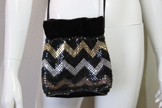 Vintage 70's Chevron Metal Mesh Gold Silver Black… - image 1