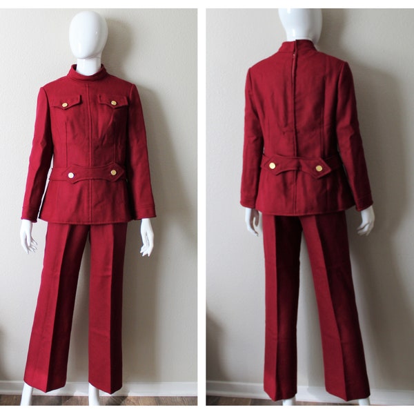 Vintage 60s 70s Dynasty British Crown Colony of Hong Kong Women Burgundy Red wool Pant Suit Sgt Pepper // US 2 4 xs s