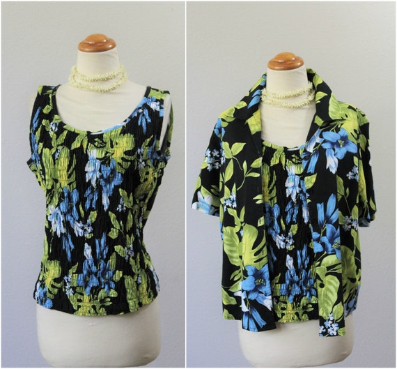 Vintage 80's Black Green blue Hawaiian smocked Tan