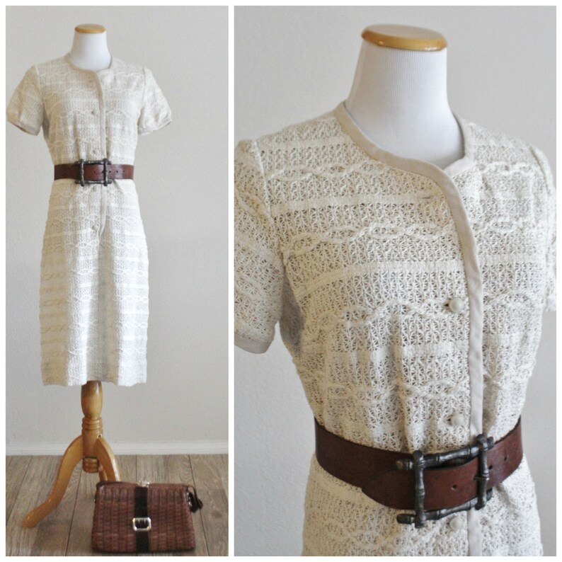 Vintage 60/'s 70/'s Ecru Natural Cotton Woven Crochet Sheath Dress Boho Hippie