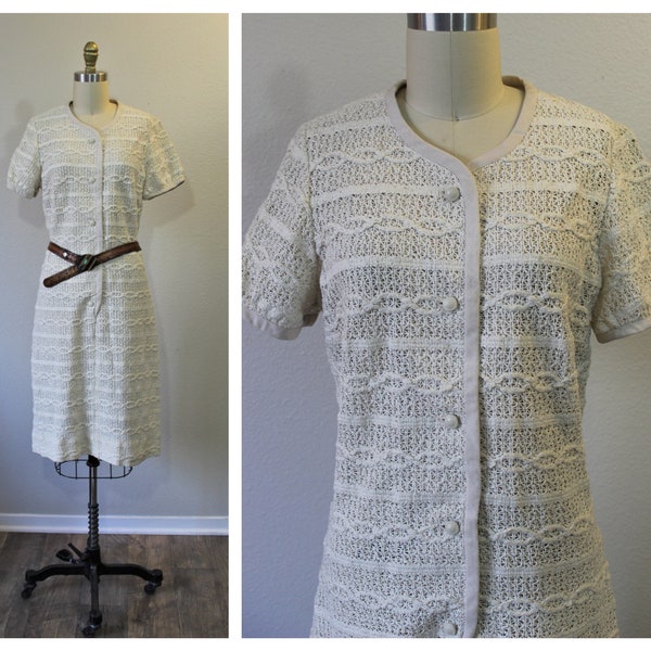 vintage 60's 70's Ecru Natural Cotton Woven Crochet Sheath Dress Boho Hippie Fashionmaker // US 2 4 6