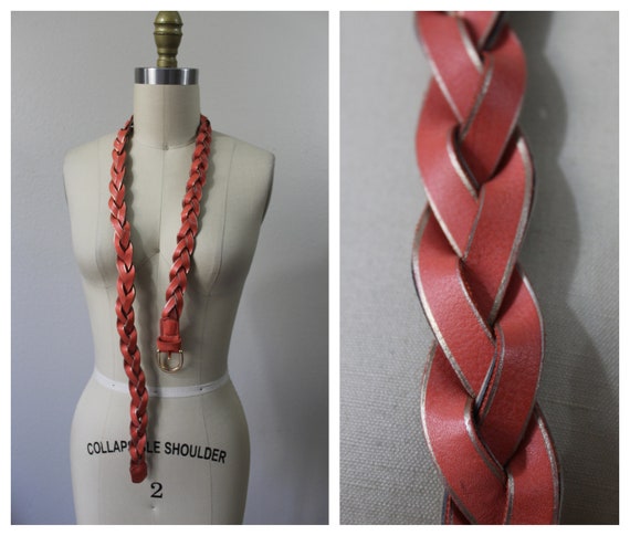 Vintage 1970s 70s Tangerine coral gold Braided Le… - image 1
