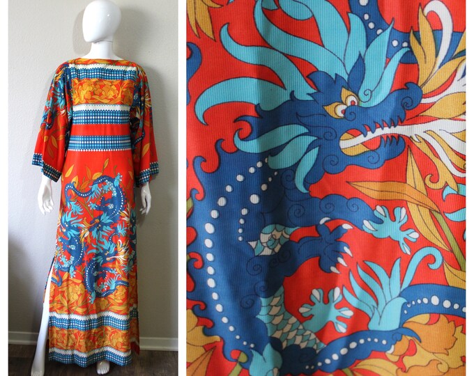 Vintage 60s 70s MOD Keyloun Dragon Novelty Print Kimono Sleeve Caftan ...