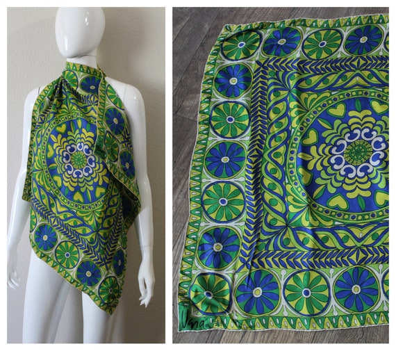 Vintage 60s VERA Psychedelic Blue Green Abstract … - image 1