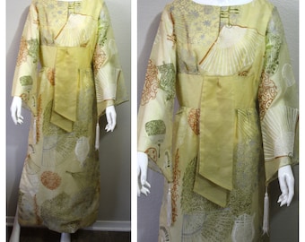 Vintage 60s Alfred Shaheen Kimono Dress with tassles Kimono Sleeves Asian Lantern Fans Maxi Dress Art to Wear screenprint // 6 8 Medium