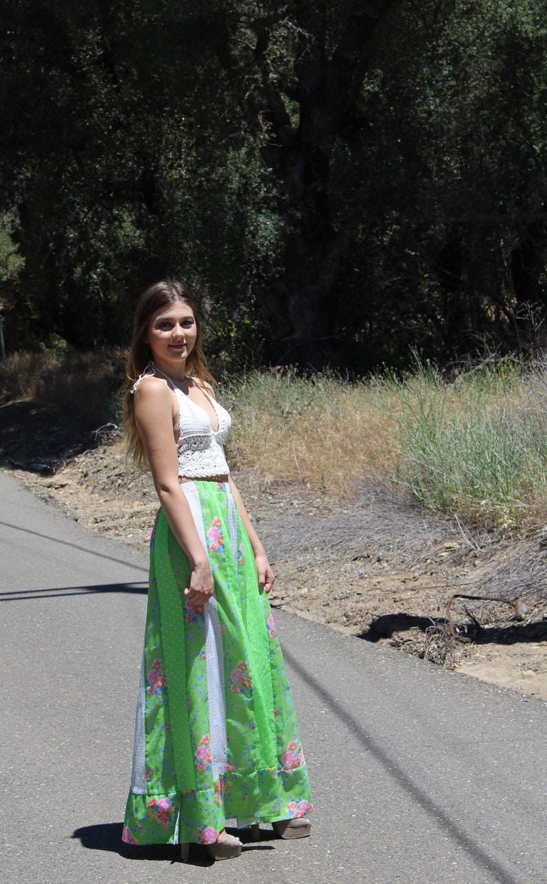 Vintage 60/'s 70/'s Chessa Davis lime green patchwork lace Bohemian Hippie Boho Folk Maxi dress skirt one size fits many