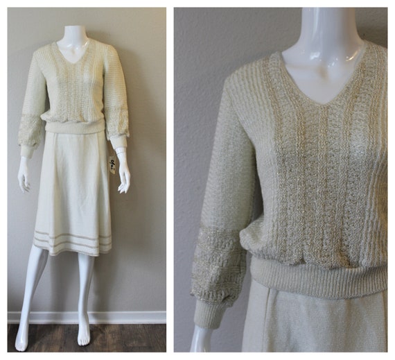 Vintage 70s 80s AMI Ivory Gold Metallic Acrylic Knit 2pc Dress Set 
