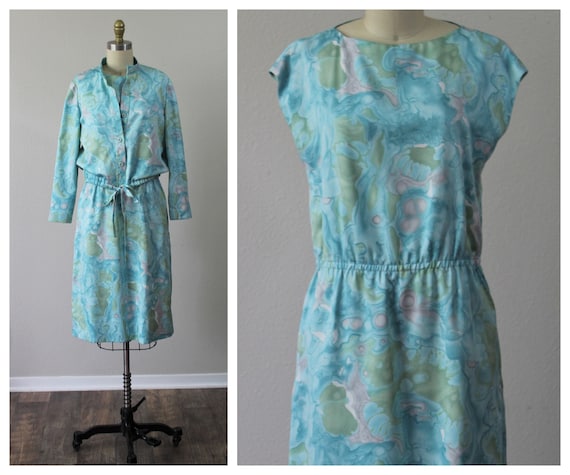 Vintage 1960s 70s Blue Ocean Hand dyed paint swir… - image 1