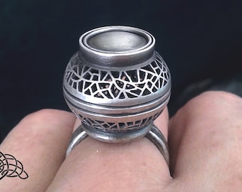 Silver Ring - Openwork Dome in the Shape of a Sphere. Spherical openwork retro ring. Openwork ring dome retro style. Ring avant-garde style