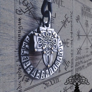 Necklace with two silver Vikings pendants- round pendant with runic alphabet and a riveted silver cross. Round Runes Pendant, Viking Pendant