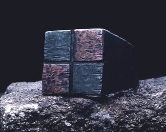 Forged Silver signet ring inlaid with Copper! Sterling Silver Signet Ring. Dark Silver. Oxidized signet ring. Black Signet Ring