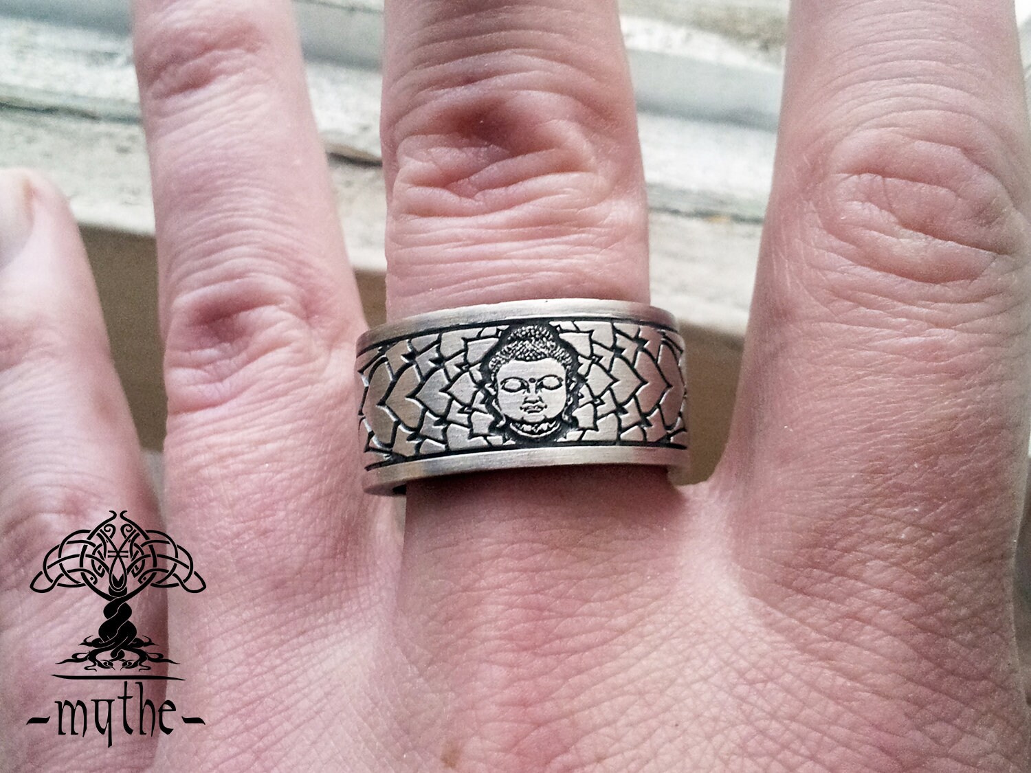 Buddha Ring. Silver Buddha Ring. Buddha Head Ring. Wide Buddhist