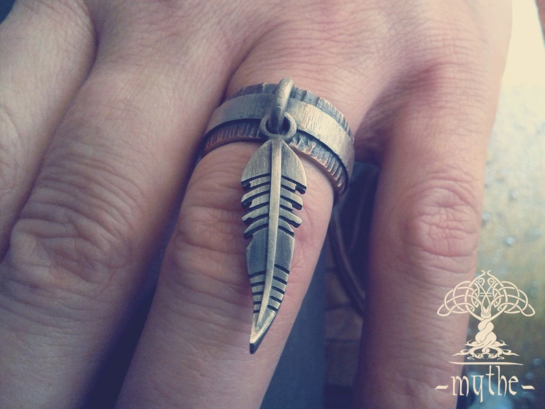 Health Amulet. A unique ring, Rustic ring, wedding band, ring band, eagle feather / feather / Eheringe / Custom wedding ring / US image 6