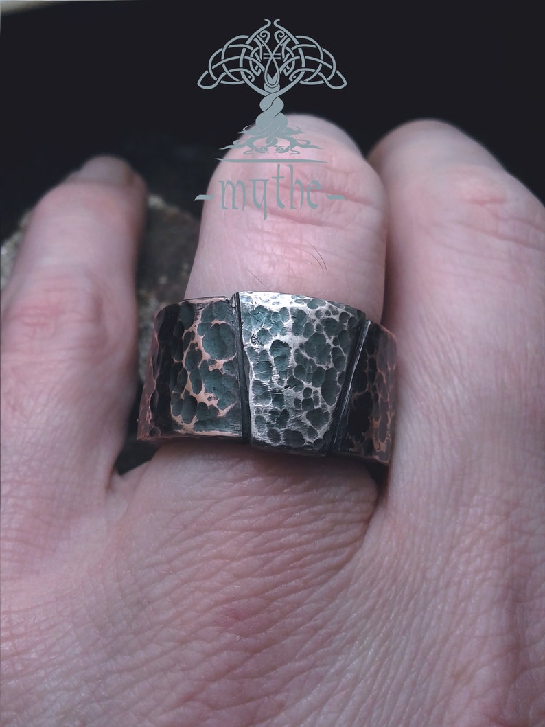 Thick copper and silver ring Hammered mens ring wide mens Etsy