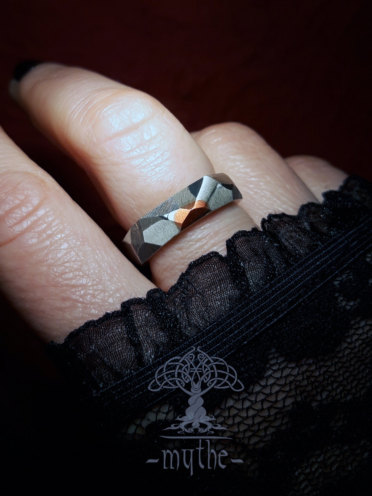 Three-colored amazing wedding ring. Raw unique texture. Silver and copper. Engagement ring.  Anniversary, promise ring. One of a kind