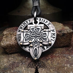Vikings Necklace - Sterling Silver- round pendant with runic signs and a riveted silver cross. Round Runes Pendant, Viking Pendant, Cross