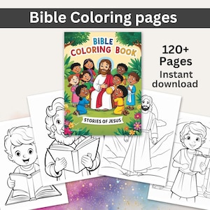 Może przedstawiać: Czarno-biała okładka książki do kolorowania z tytułem "Bible Coloring Book: Stories of Jesus". Okładka przedstawia kreskówkową ilustrację Jezusa otoczonego dziećmi. Książka jest reklamowana jako posiadająca ponad 120 stron i jest dostępna do natychmiastowego pobrania.