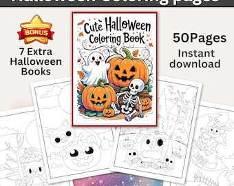 May include: A collection of Halloween coloring pages. The cover of the coloring book features a ghost, pumpkins, and a skeleton. The text on the cover reads "Cute Halloween Coloring Book". The image also includes the text "50 Pages" and "Instant download".
