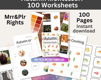 May include: A collection of autumn-themed Montessori worksheets. The image features various pages with illustrations of pumpkins, leaves, and acorns. Text includes "Autumn Montessori 100 Worksheets", "Autumn Worksheet Bundle", and "PDF Files Instant Download".