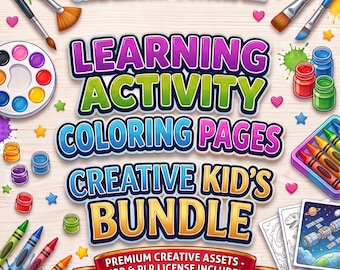 May include: A digital graphic titled COMPLETE KID'S STUDIO SET, LEARNING ACTIVITY COLORING PAGES, CREATIVE KID'S BUNDLE, and PREMIUM CREATIVE ASSETS - MRR & PLR LICENSE INCLUDED. It features paintbrushes, paint pots, crayons, and coloring pages.