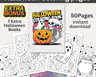 May include: A stack of Halloween coloring books with a cover featuring a jack-o'-lantern, ghost, and skeleton. The image includes the text "Halloween Coloring Book", "Extra Bonus", "7 Extra Halloween Books", "50 Pages", and "Instant download".