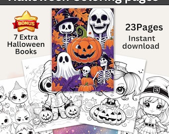 May include: Halloween coloring pages with a variety of spooky illustrations. The image includes a pumpkin, skeletons, ghosts, and other Halloween-themed characters. The text reads "23 Pages Instant download" and "7 Extra Halloween Books".