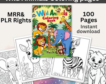 May include: A black and white coloring book featuring a variety of wild animals, including a giraffe, zebra, lion, and elephant. The cover of the book says "Wild Animals Coloring Book".