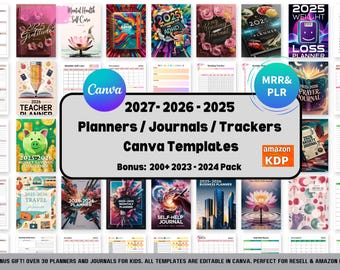 May include: A collection of digital planner, journal, and tracker templates for Canva, featuring various cover designs for 2025, 2026, and 2027. The display includes text reading 2027-2026-2025 Planners / Journals / Trackers Canva Templates and Amazon KDP.