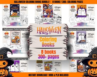 May include: A bundle of Halloween coloring books with the text "HALLOWEEN COLORING BOOKS BUNDLE! 8 BOOKS! 300+ COLORING PAGES". The image features several coloring book covers with Halloween-themed illustrations of pumpkins, ghosts, and other spooky characters. The words "Halloween Coloring Books" are prominently displayed.