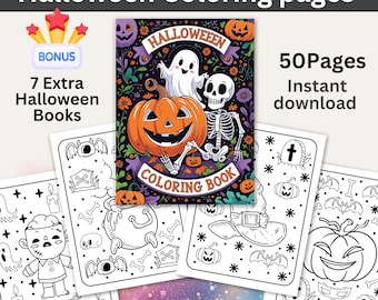 May include: A Halloween-themed coloring book with a jack-o'-lantern, ghost, and skeleton illustration. The cover reads "Halloween Coloring Book." The image also shows several coloring pages with various Halloween-related drawings. The text reads "50 Pages Instant download" and "7 Extra Halloween Books".