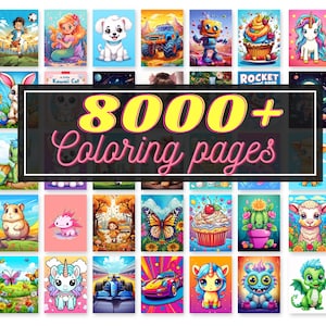 May include: A collection of colorful coloring book covers featuring various illustrations, including animals, desserts, and vehicles. The central image displays the text "8000+ Coloring pages" in a pink and yellow font.