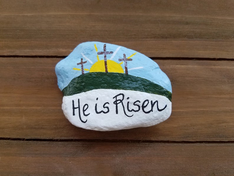 He is Risen Easter Painted Rock, Basket Gift Filler, Calvary Stone ...
