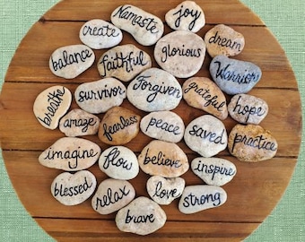 Inspirational Message Stones (Set of 6), Affirmation Meditation Rocks, Word Ocean Pebbles, Rock Art, Worry Stones