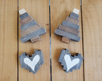 Coastal Farmhouse Weathered Wood Tree and Heart (set of 4), Rustic Nautical Tiered Tray, Beach Table Top Wood Christmas Valentine Decor